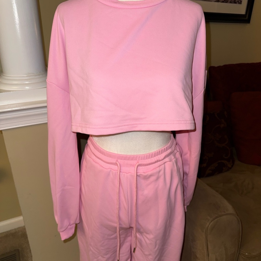 Pink Cropped Sweatshirt and Sweatpant Set